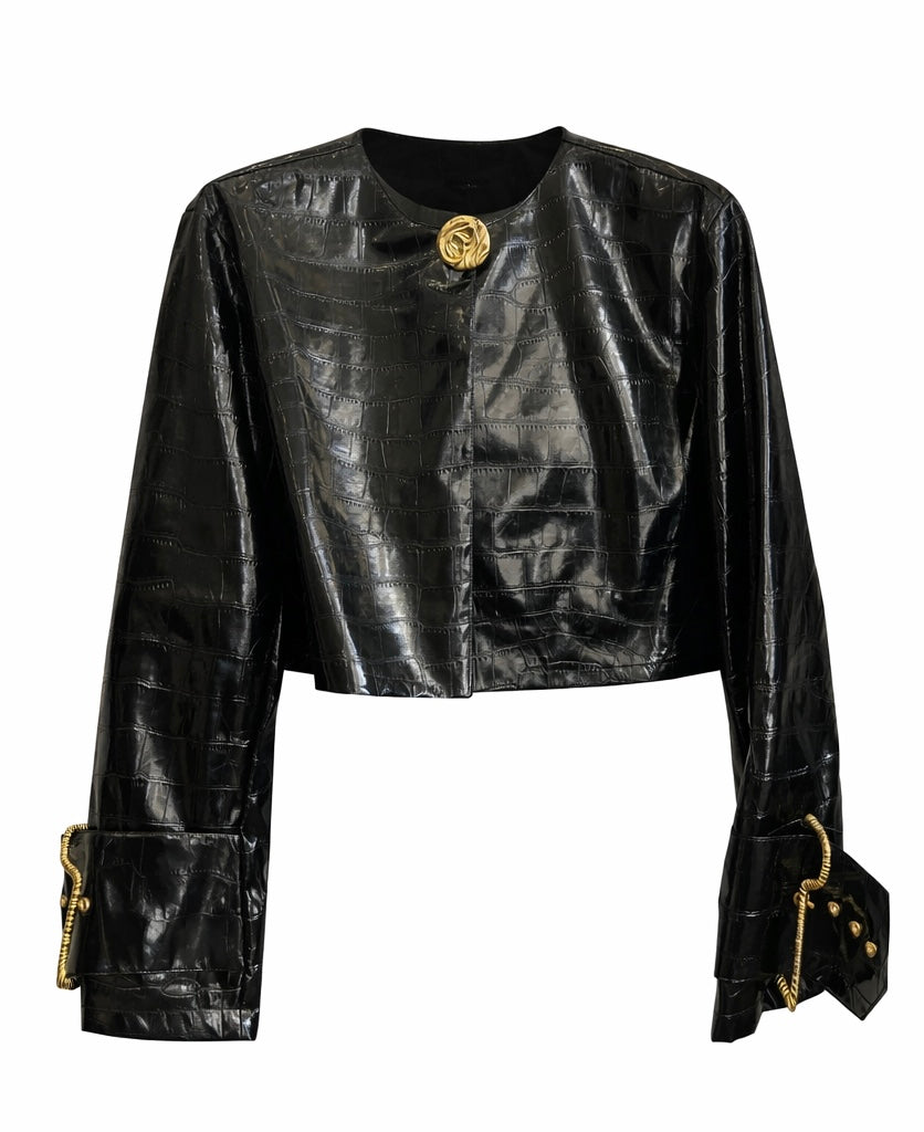 Black Croc-Embossed Jacket & Mini Skirt Set