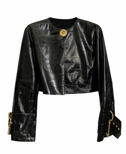 Black Croc-Embossed Jacket & Mini Skirt Set