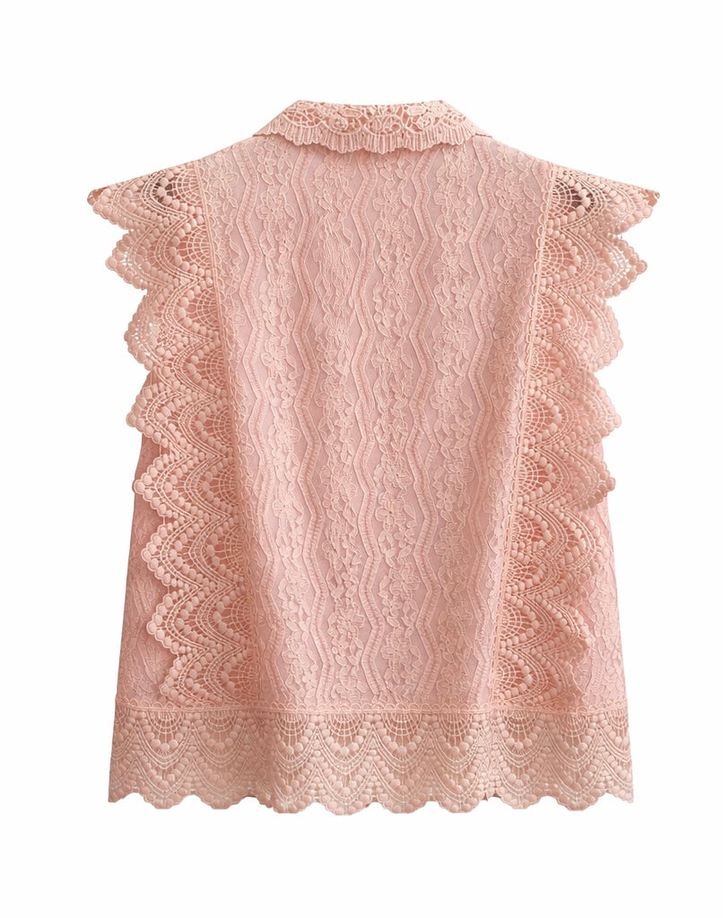 Blush Pink Lace Scalloped Sleeve Blouse