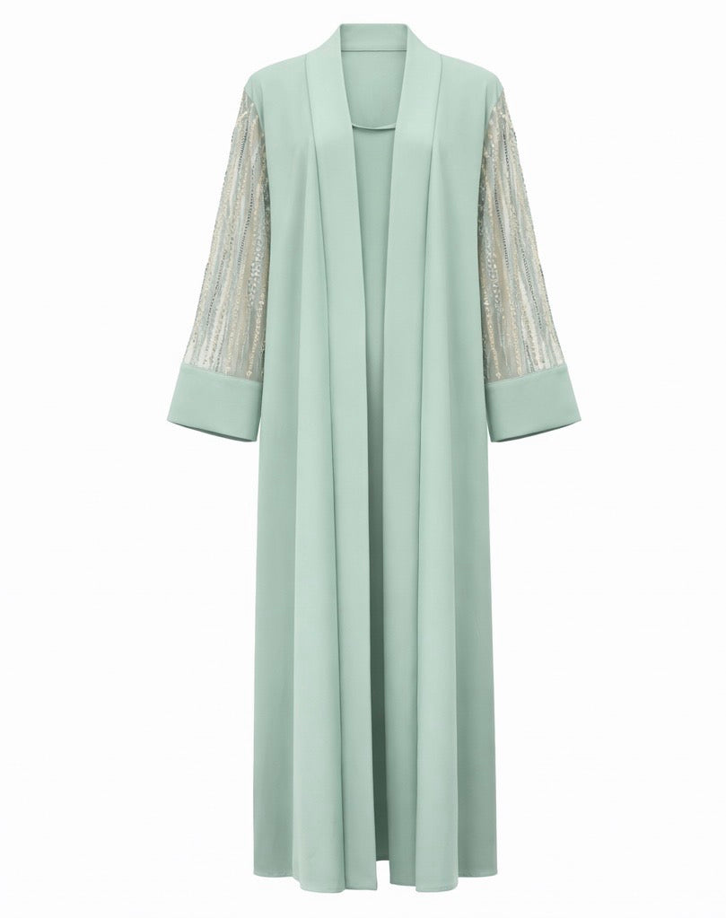 Luxury Mint Abaya with Beaded Sheer Sleeves