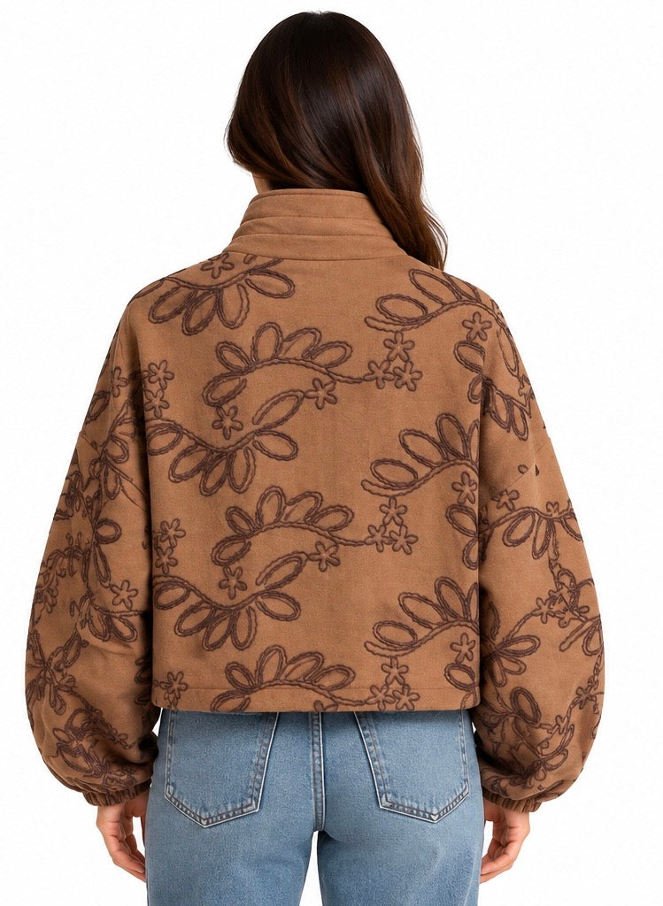 Embroidered Suede Floral Bomber Jacket  ( Brown , Burgundy , Beige )