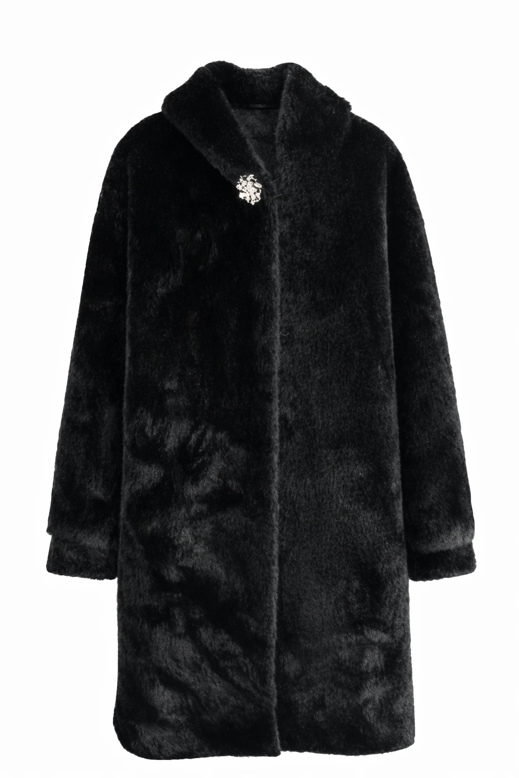Elegant Black Faux Fur Coat with Shawl Collar