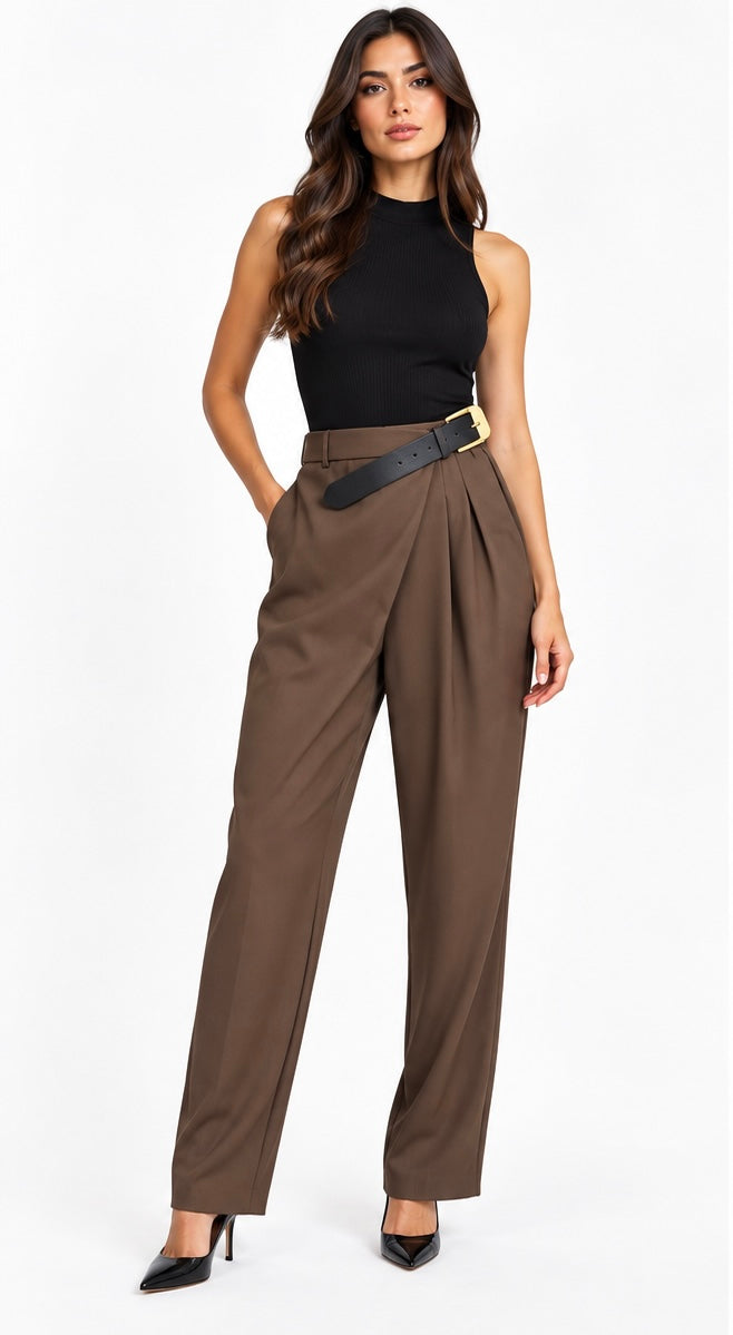 Belted Pleated Tailored Pants