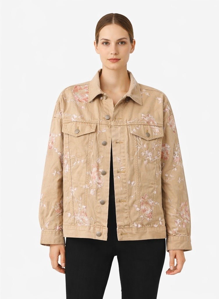 Floral Print Beige Denim Jacket
