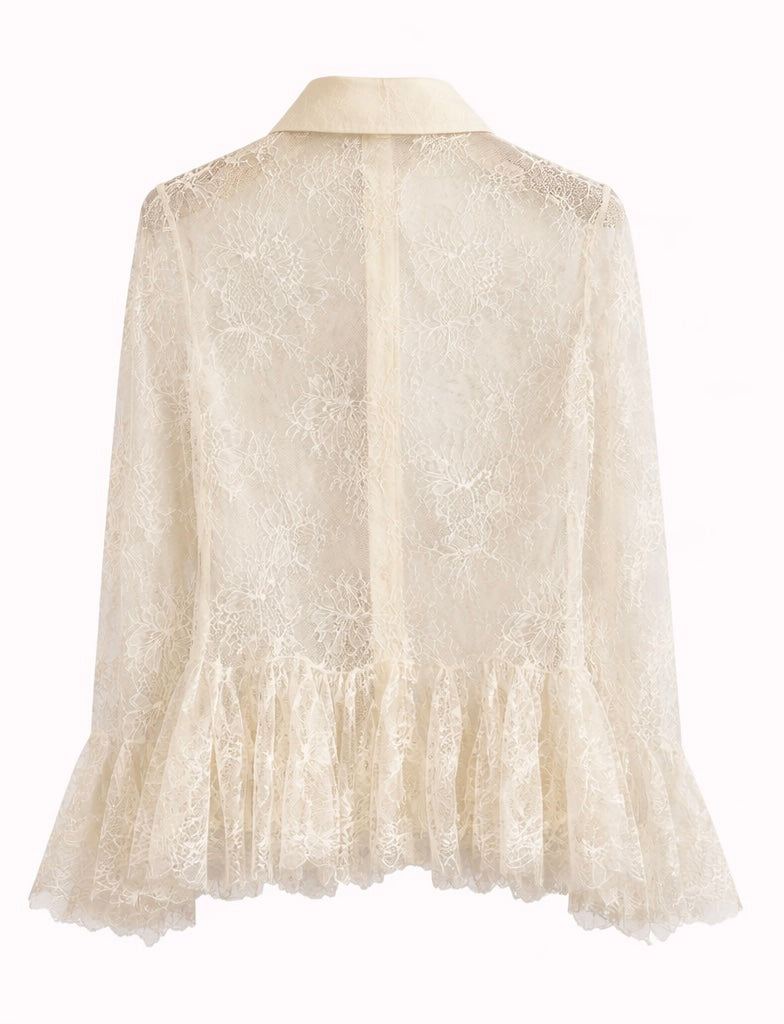 Sheer Lace Peplum Blouse – White , Light Blue , Butter Yellow