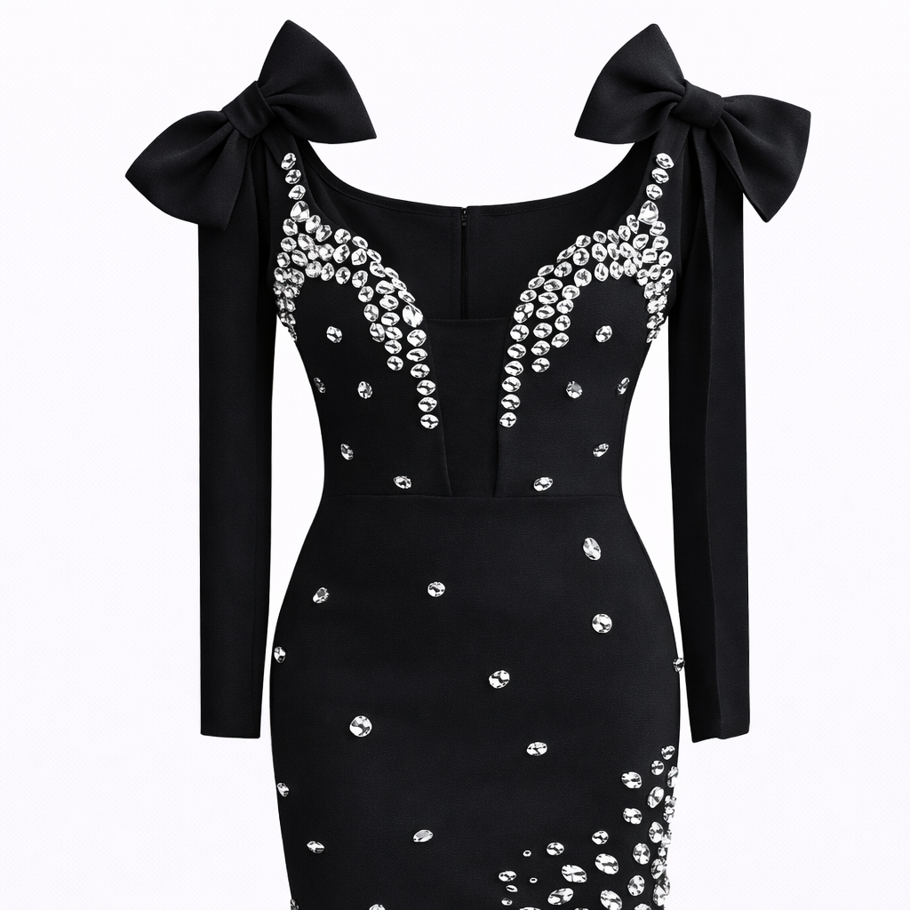 Crystal Bow Shoulder Bandage  Mini Dress - Red , black , white