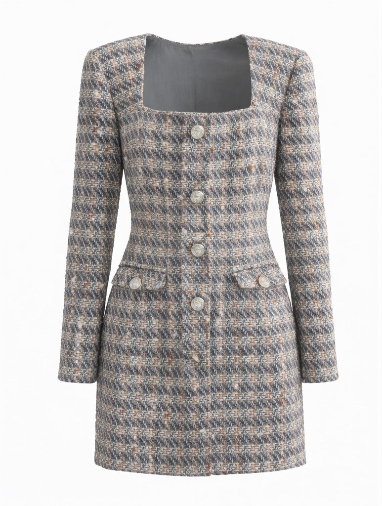 Tailored Tweed Square-Neck Button Dress