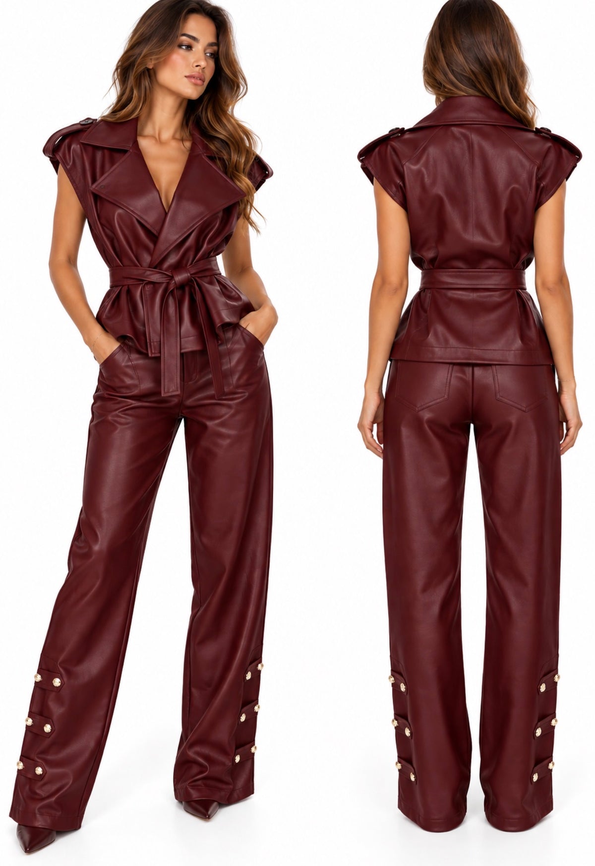 Leather Utility Gilet & Pants  ( Brown , Burgundy )