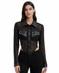 Sheer Mesh Studded Faux Leather Collar Shirt – Black