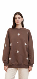 Embellished Floral Detail Brown Crewneck Sweatshirt