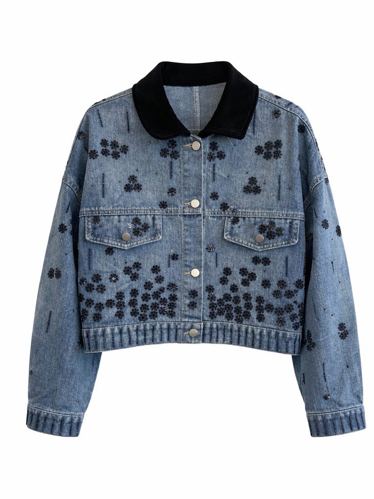Embellished Denim Jacket with Faux velvet  Collar