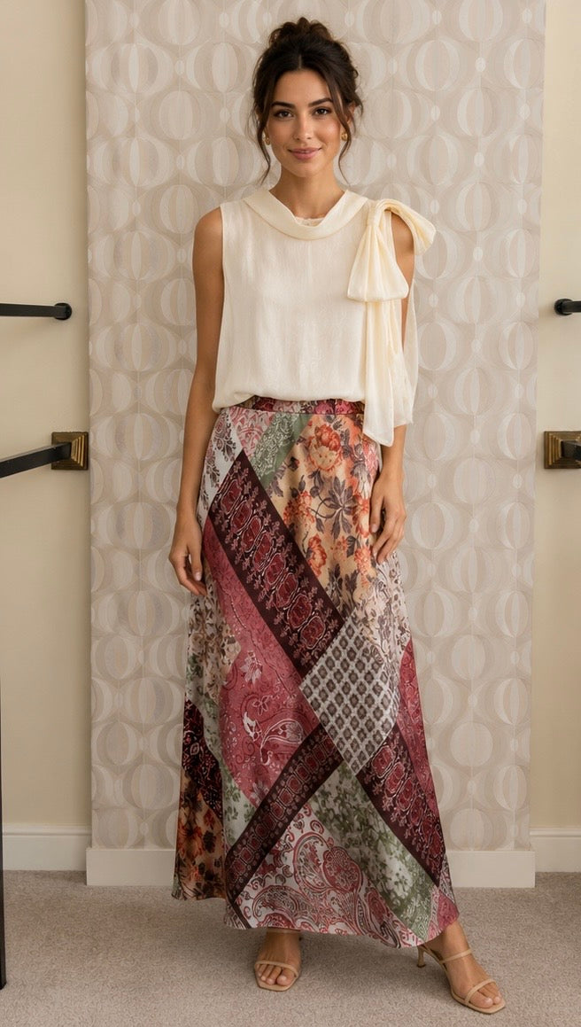 Printed Silk skirt ( Blue , Pink , Green )
