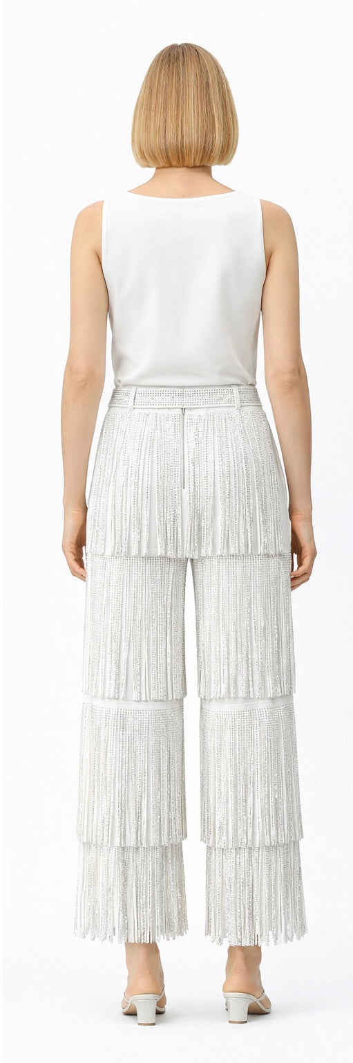 White Fringes Rhinestone Pants
