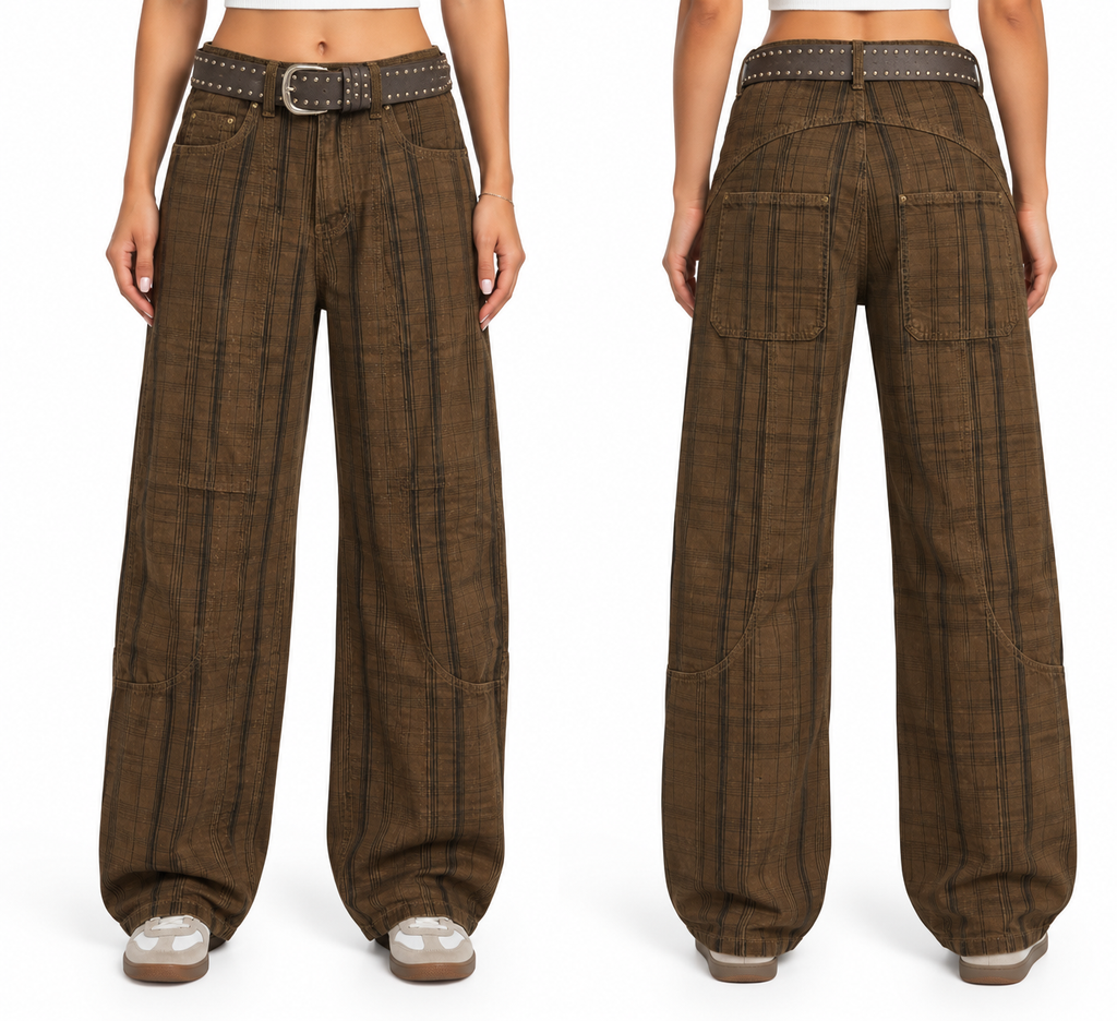 Vintage Plaid Wide-Leg Cargo Pants