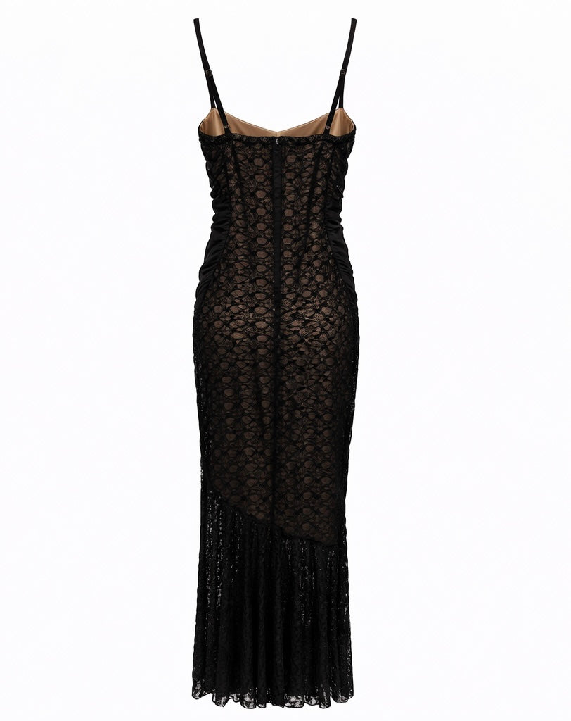 Black Lace & Ruched Slim-Fit Evening Dress