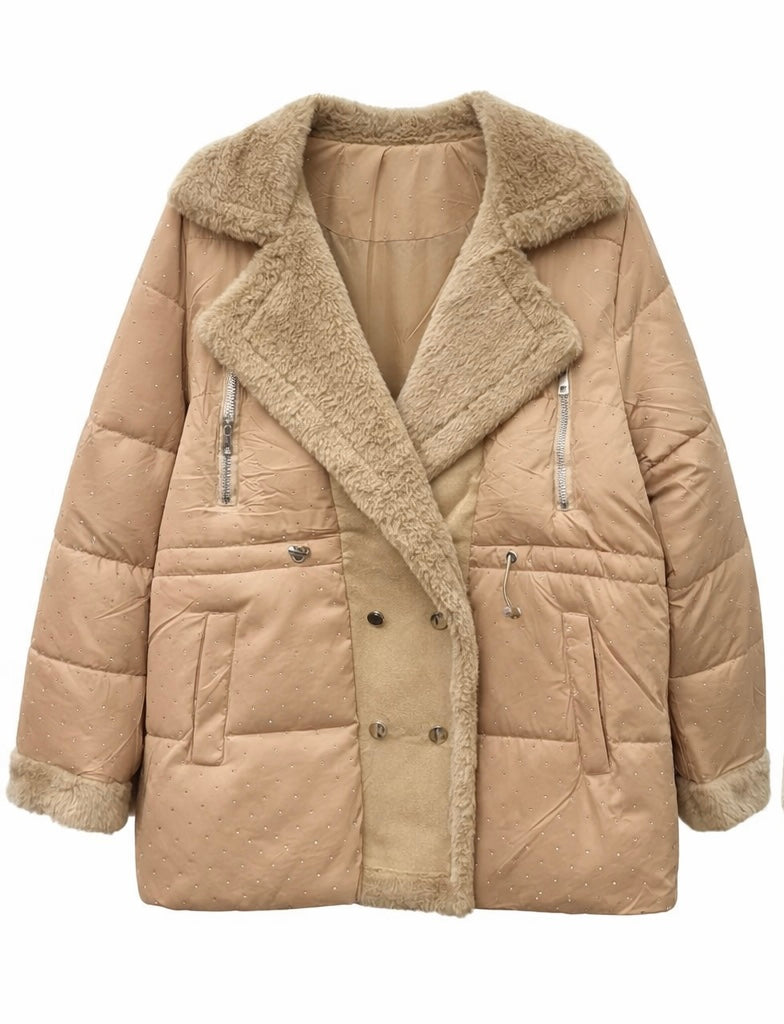 Faux Fur Trim Quilted Puffer Jacket – Beige