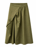 Olive Green Asymmetric Draped Midi Skirt