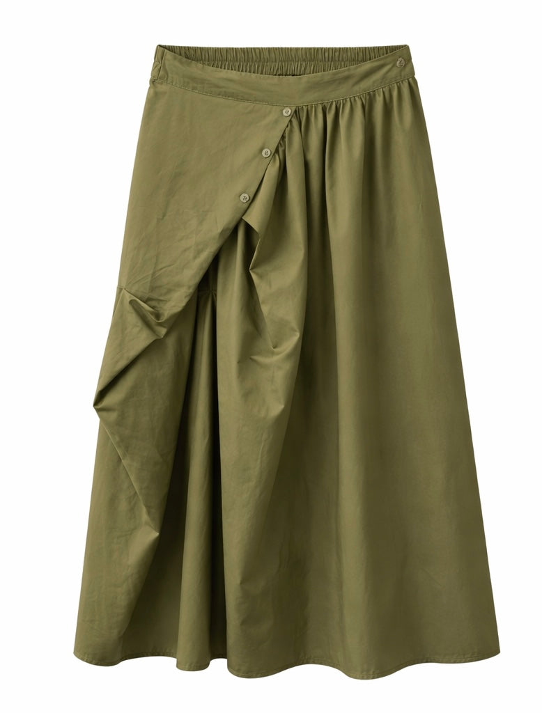 Olive Green Asymmetric Draped Midi Skirt