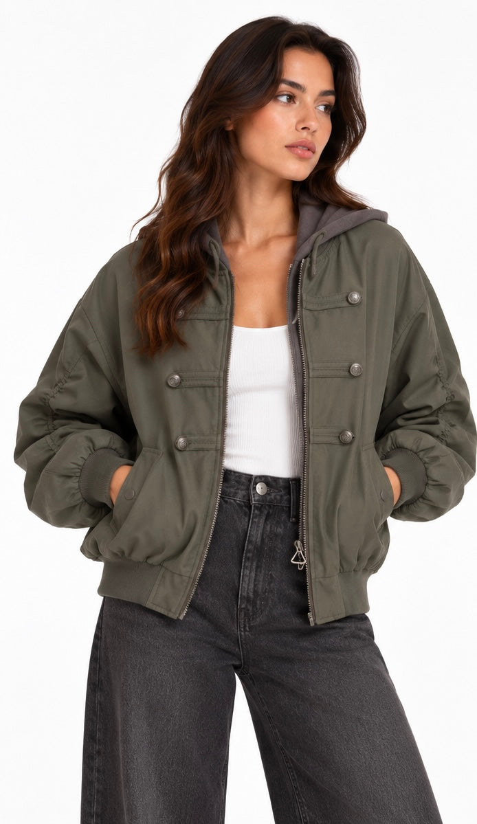 Hooded Utility Bomber Jacket ( Navy , Olive , Black , Brown )