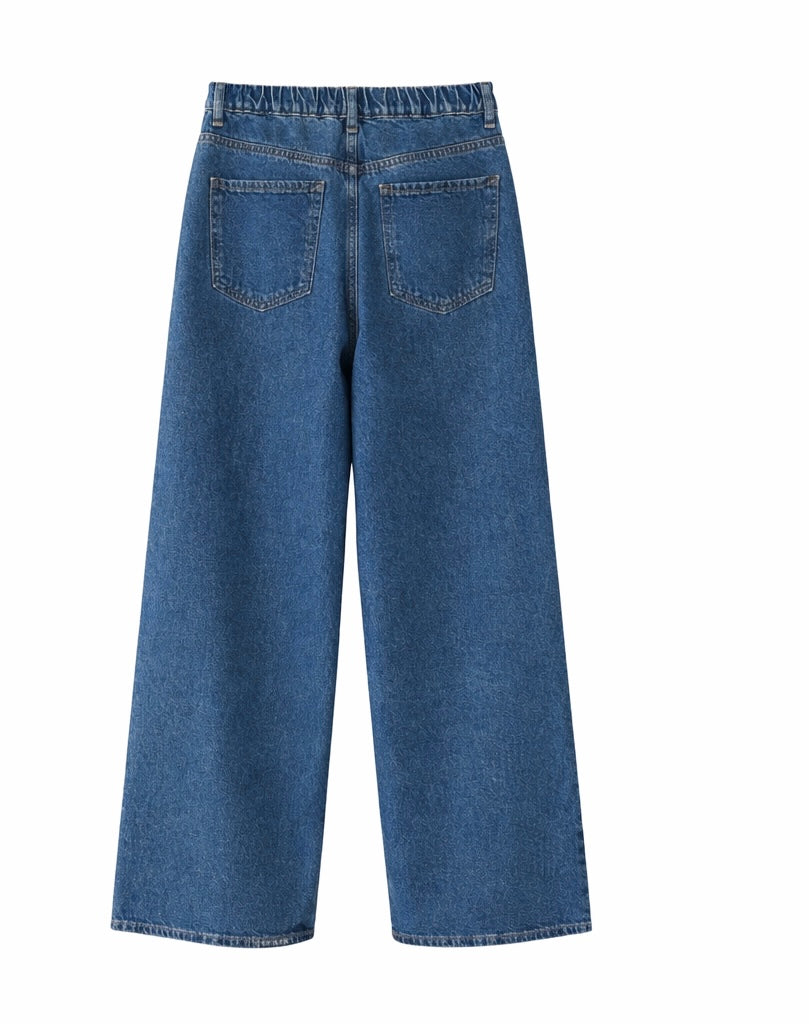 Navy Wide  Leg Denim With Elastic