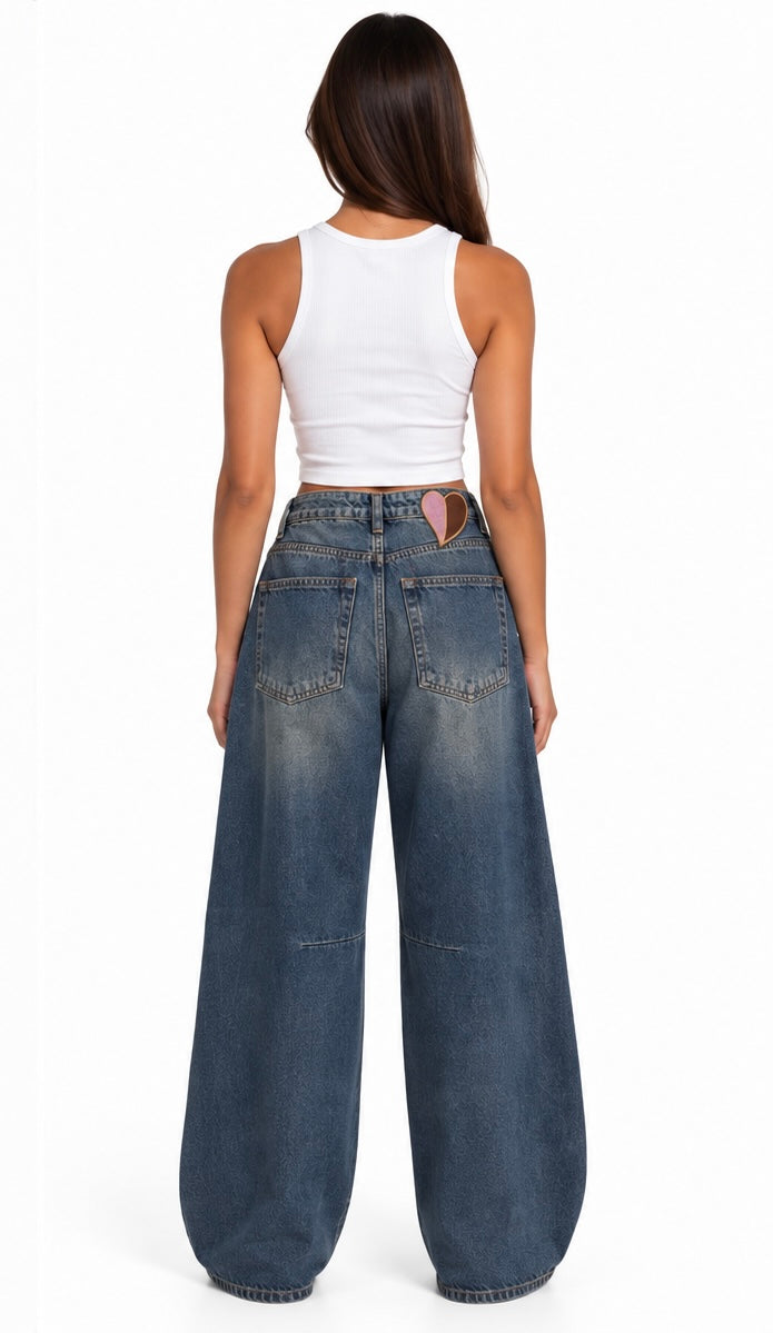 Heart Wide-Leg Panel Detail Jeans
