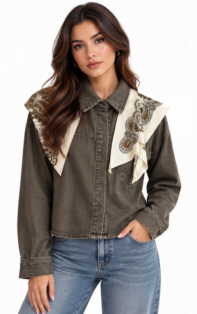 Scarf Detail Denim Jacket ( Navy , Olive )
