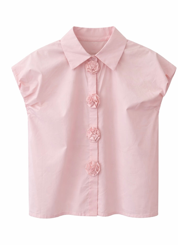 Floral Button Cap Sleeve Blouse - Blush Pink , Light Blue , White