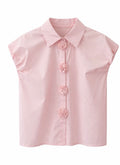 Floral Button Cap Sleeve Blouse - Blush Pink , Light Blue , White