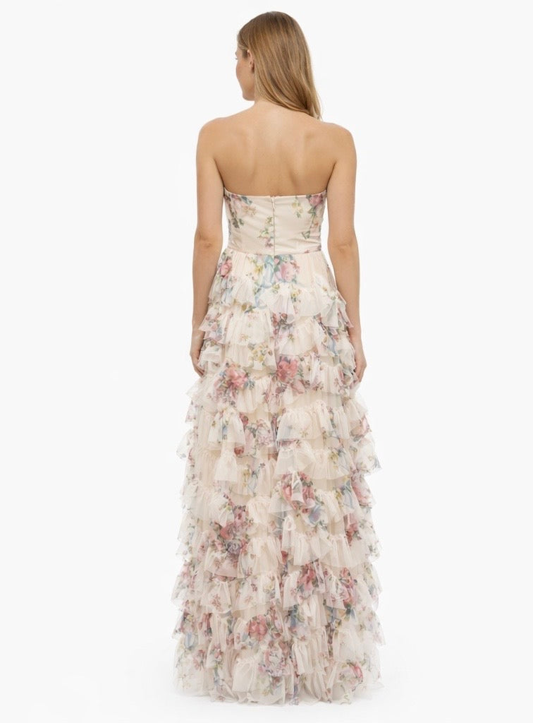 Strapless Floral Ruffle Maxi Dress