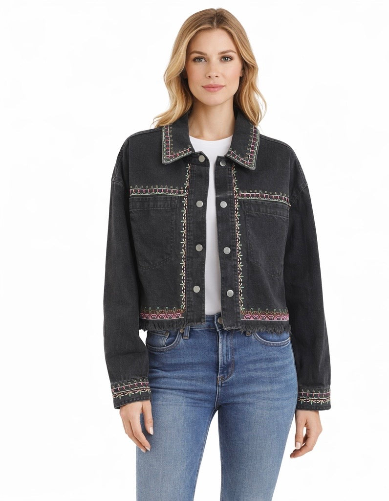 Embroidered Oversized Black Denim Jacket
