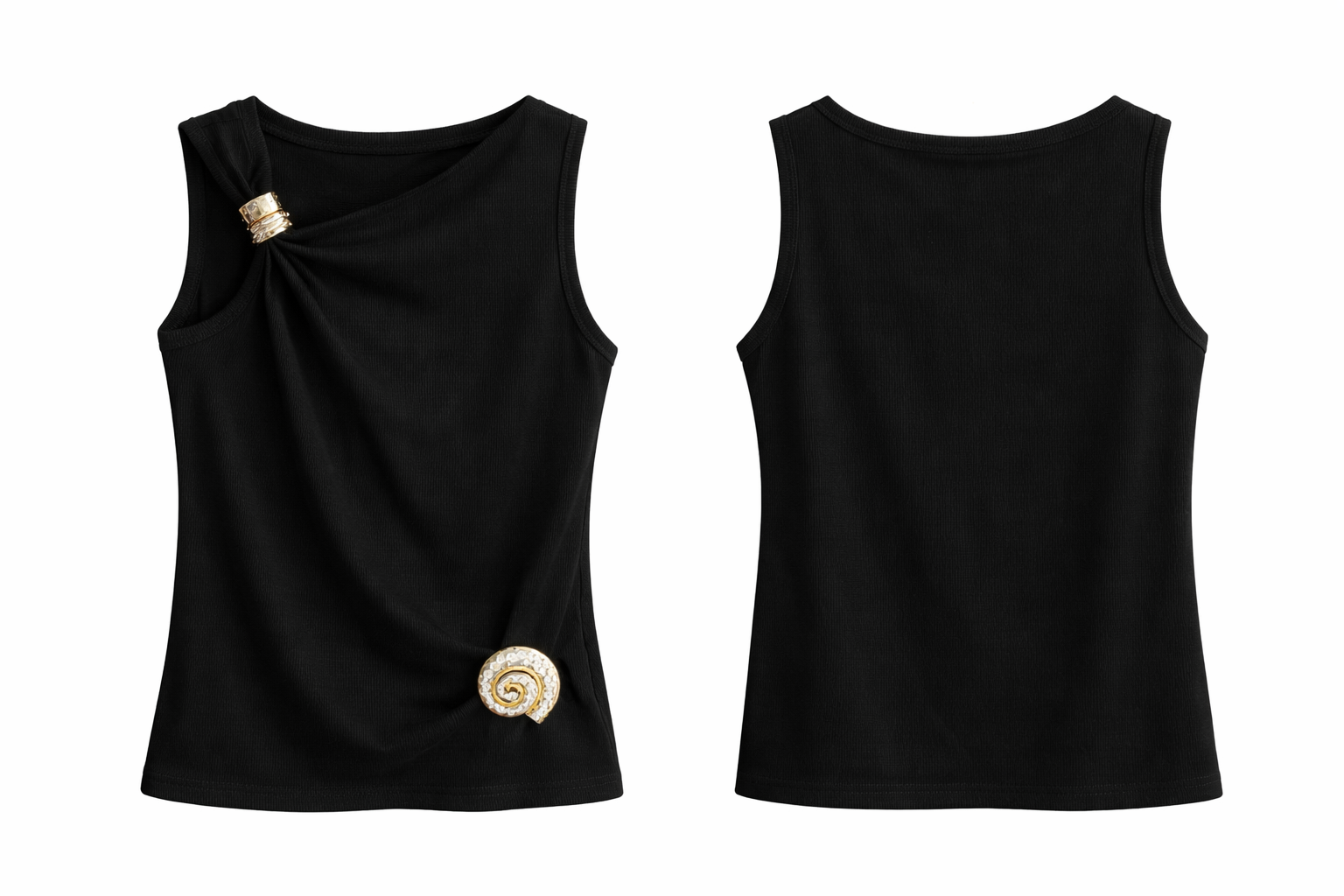 Black Draped Top with Gold Hardware