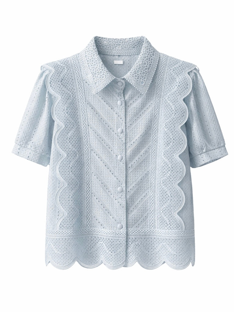Romantic Floral Eyelet Lace Shirt - Butter Yellow , Light blue , pink , Black