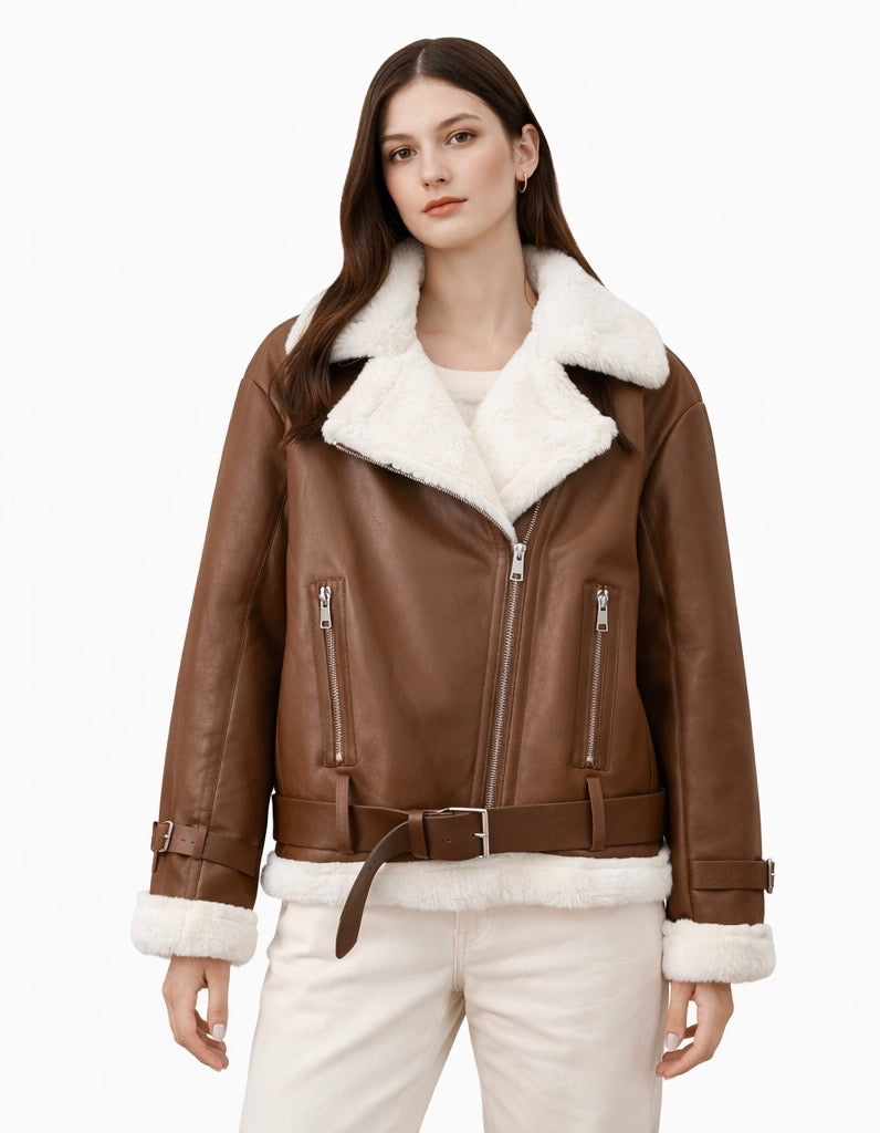 Shearling-Lined Faux Leather Aviator Jacket – Chocolate Brown