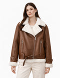 Shearling-Lined Faux Leather Aviator Jacket – Chocolate Brown