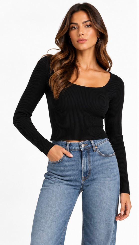 Ribbed Scoop-Neck Knit Top ( Blue , Burgundy , White , Black )