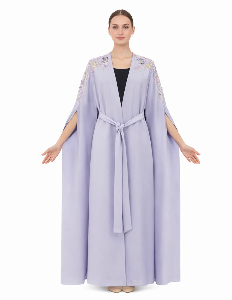 Lavender Embellished Cape Abaya with Open Sleeves