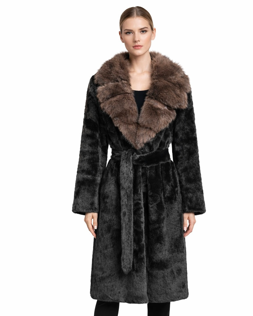 Long Eco Fur Coat with Plush Hood & Belt