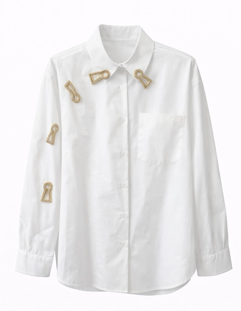 White Button-Up Shirt with Gold Keyhole Embellishments