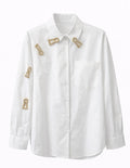 White Button-Up Shirt with Gold Keyhole Embellishments
