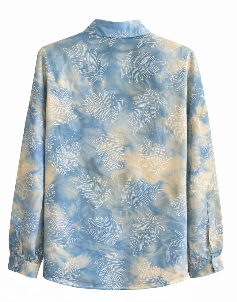 Blue Tie-Dye Leaf Print Button-Up Shirt