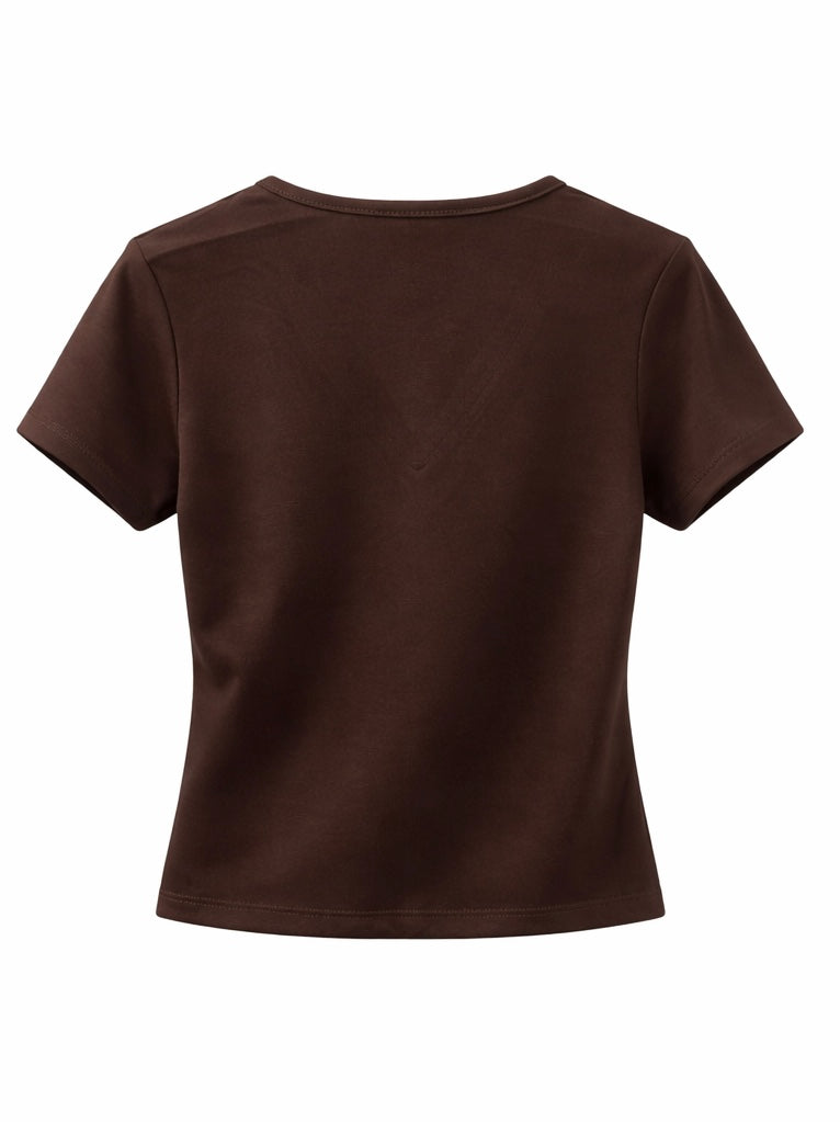 V-Neck Ruched Short Sleeve Top - Brown, Black , White , Olive Green , Beige