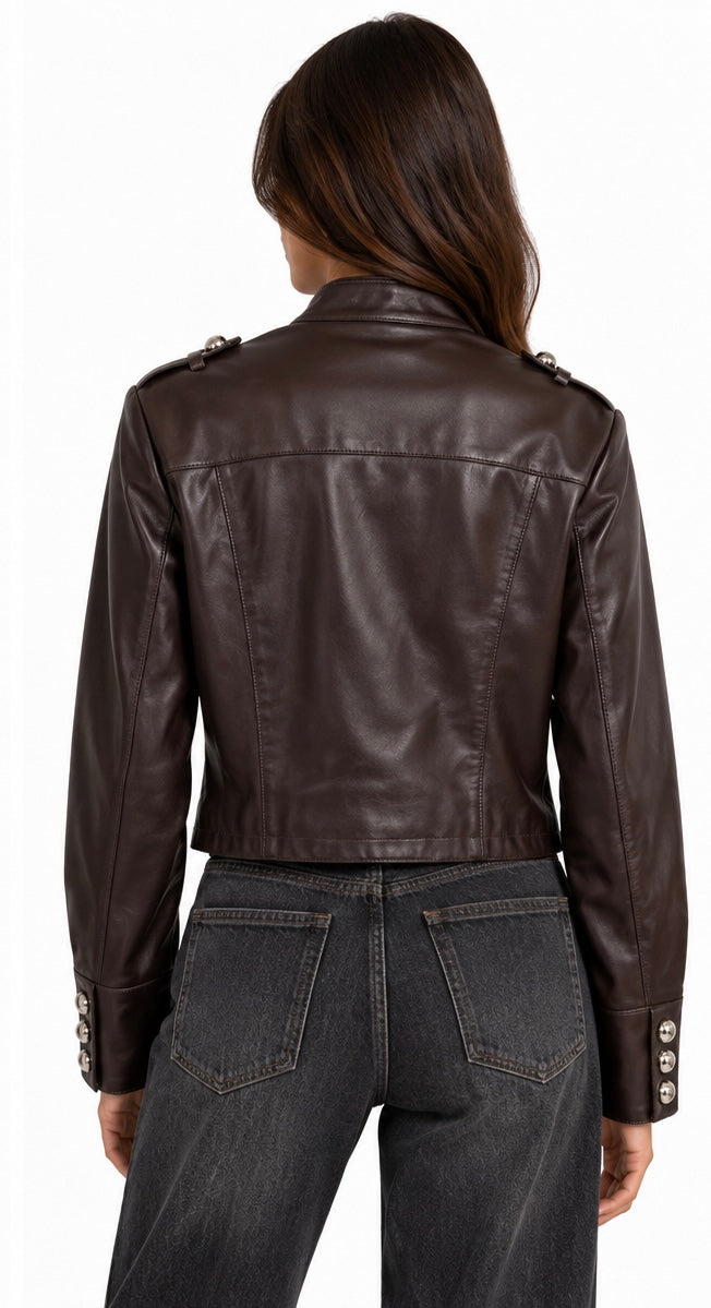 Chocolate Leather Military Jacket