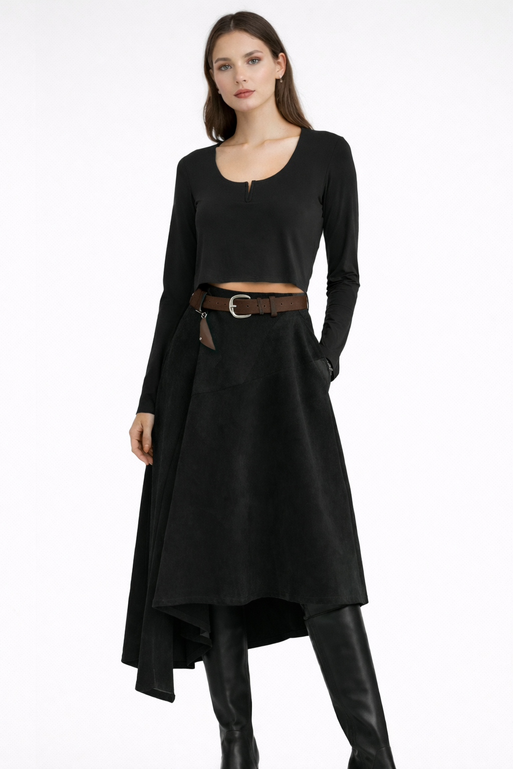 Black Suede-Look Asymmetric Skirt