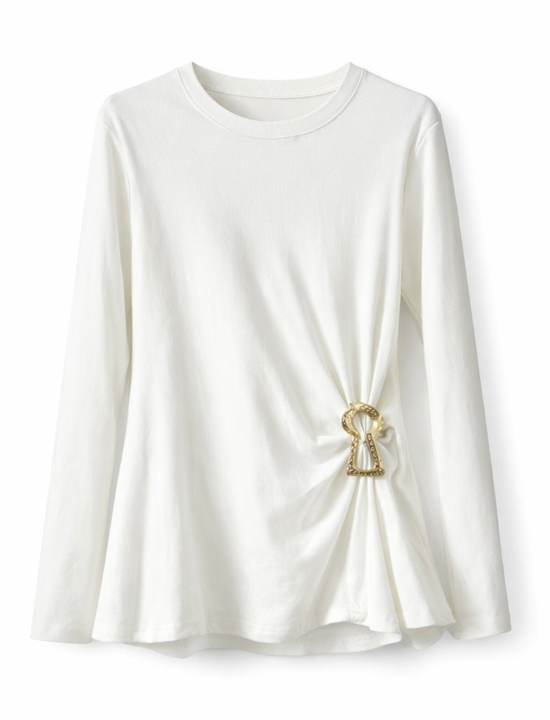 Gold Buckle Draped Long-Sleeve Top