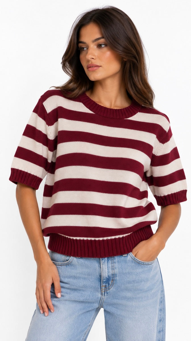 Striped Knit Top ( Olive , Navy , Beige , Burgundy )