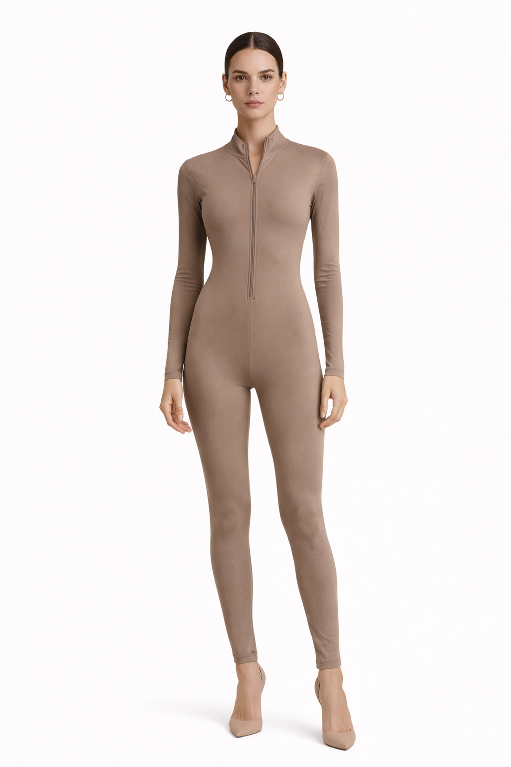 Women’s Long-Sleeve Zip Jumpsuit – Taupe