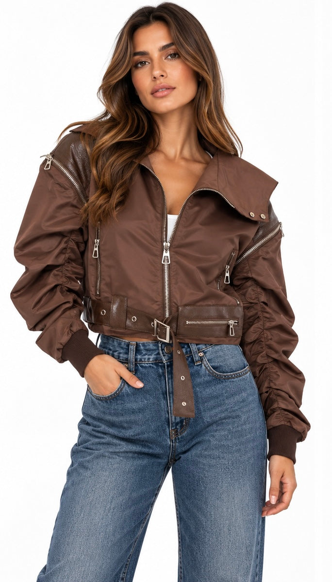 Hooded Cropped Biker Jacket ( Brown , Black )