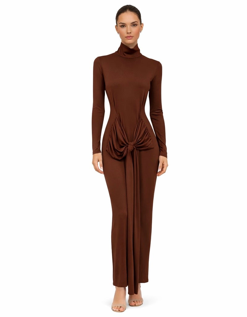 Chocolate Brown Draped Knot Detail Maxi Dress