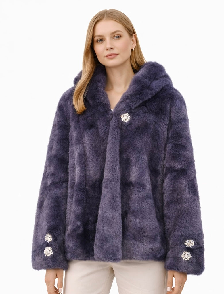 Crystal-Embellished Faux Fur Hooded Jacket – Midnight Purple