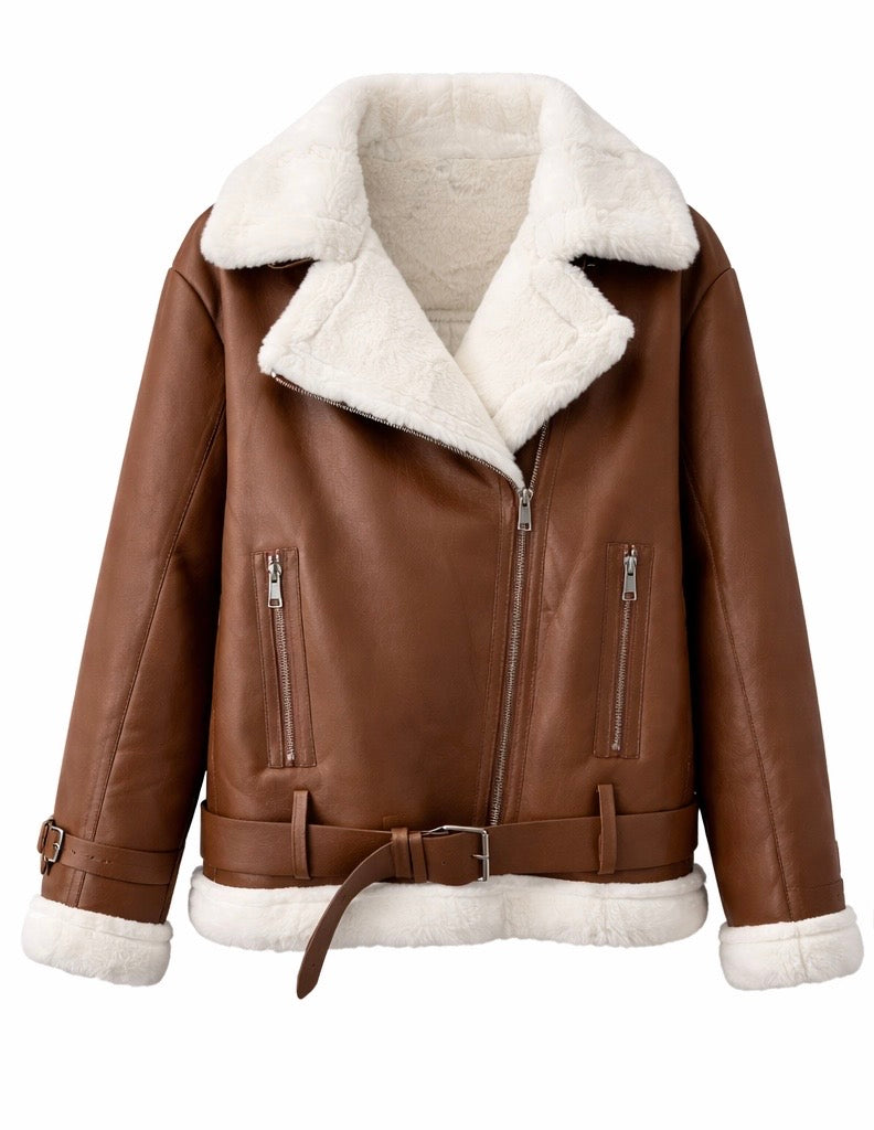 Shearling-Lined Faux Leather Aviator Jacket – Chocolate Brown
